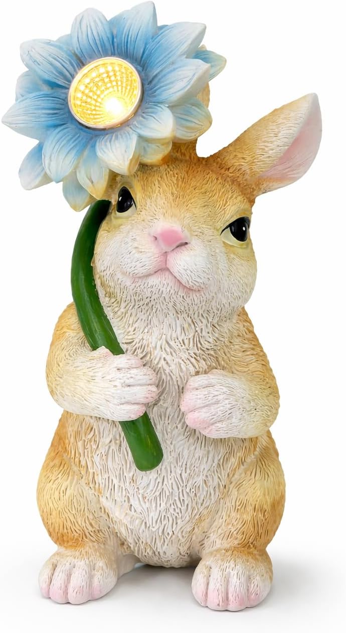 GoGnome Solar Bunny Garden Statue with LED Flower – Hand-Painted Resin Rabbit Figurine, Outdoor Solar Light Decor for Yard, Patio, Porch, Lawn (Rabbit) - Image 1